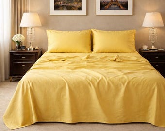 Pastel Yellow Stonewashed Linen Sheet Set, 100% European Flax Bedding