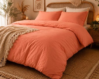Coral Washed Cotton Duvet Cover – Boho Bedding Set