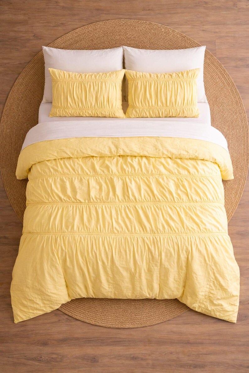 Pastel Yellow Ruffle Duvet Cover Set – Wrinkled Cotton Boho Farmhouse ...