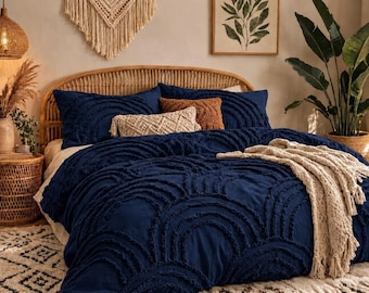Navy Blue Tufted Cotton Duvet Cover Set, Boho Arch Texture Bedding