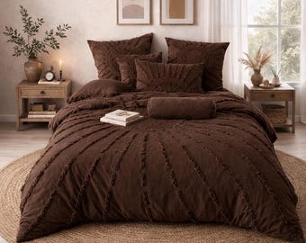 Chocolate Brown Tufted Duvet Cover, Boho Sunburst Cotton Bedding Set