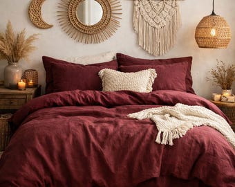 Wine Linen Duvet Cover Set – Washed Linen Bedding with Coconut Buttons