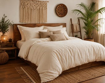 Ivory Cotton Duvet Cover Set – Soft Breathable Minimalist Boho Bedding, Hidden Zipper Closure