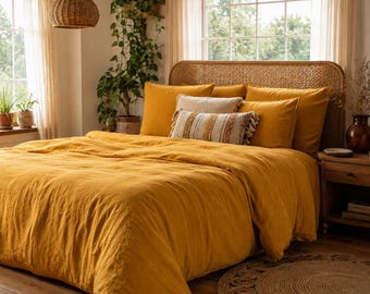 Mustard Yellow Cotton Duvet Cover Set, Stonewashed Boho Bedding, Soft Breathable Linen