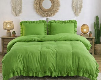 Green Linen Ruffle Duvet Cover Set | Soft Washed Boho Farmhouse Bedding