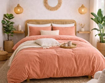 Coral Washed Linen Duvet Cover – Boho Bedding Set