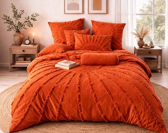 Boho Sunburst Tufted Duvet Cover Set – Burnt Orange Cotton Bedding