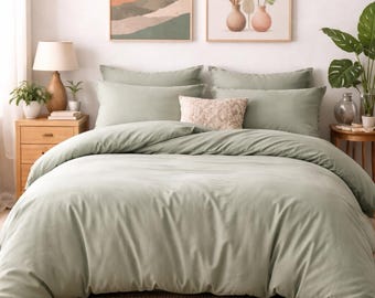 Sage Green Washed Cotton Duvet Cover Set, Boho Minimalist Bedding