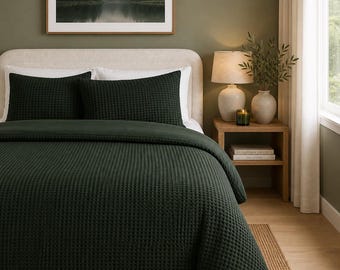 Dark Green Waffle Duvet Cover Set, Cotton Bedding, Minimalist Bedroom Decor,