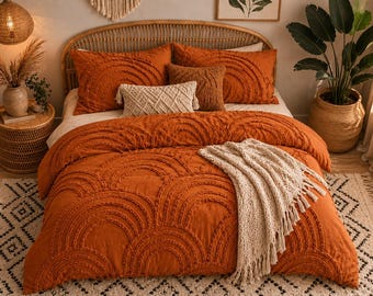 Tufted Cotton Duvet Cover Set, Brunt Orange Boho Bedding, Modern Arch Texture