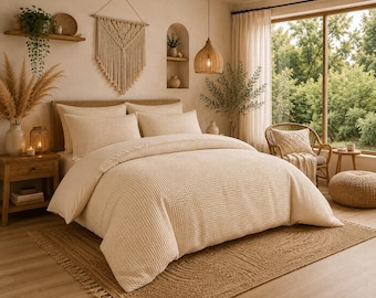 Luxury Ivory Waffle Duvet Cover Set, Soft Cotton Boho Bedding, Neutral Textured Comforter Cover, Minimalist Farmhouse Bedroom Decor