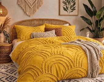 Mustard Yellow Tufted Cotton Duvet Cover Set, Boho Arch Texture Bedding