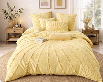 Pastel Yellow Tufted Cotton Duvet Cover, Boho Sunburst Bedding Set