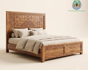 Handgeschnitztes Holzbettgestell, Kopfteil aus Massivholz mit Sonnen- und Vogelmotiv, Boho-Bett, rustikales antikes Holzkopfteil mit floralen Schnitzereien
