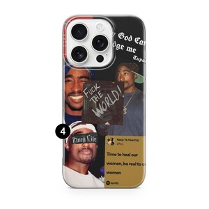 Może przedstawiać: Czarno-białe etui na telefon z wizerunkami Tupaca Shakura. Etui zawiera tekst "Fuck the World!" i "Thug Life", a także teksty piosenek i logo Spotify. Etui ma przezroczystą obw&oacute;dkę.