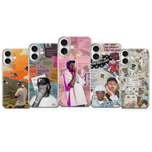 Puede incluir: Una colección de cinco fundas para teléfono con varios diseños. Las fundas presentan imágenes de una persona, texto y elementos gráficos en un estilo collage. La paleta de colores incluye naranja, rosa, azul y tonos neutros.