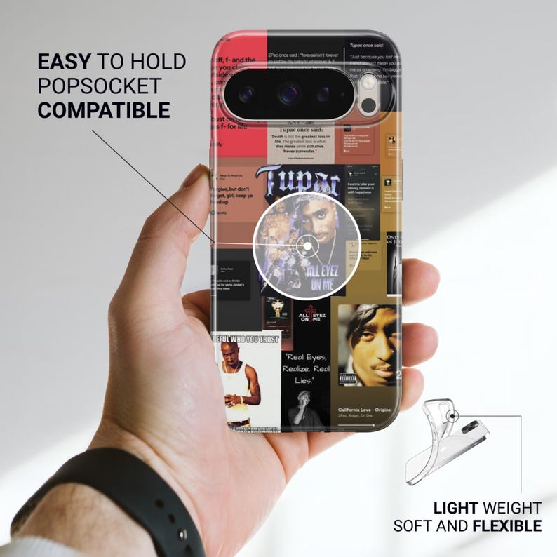 Może przedstawiać: Etui na telefon z kolażem z wizerunkami rapera. Etui ma napis "EASY TO HOLD POPSOCKET COMPATIBLE" i "LIGHT WEIGHT SOFT AND FLEXIBLE". Etui jest trzymane w dłoni.