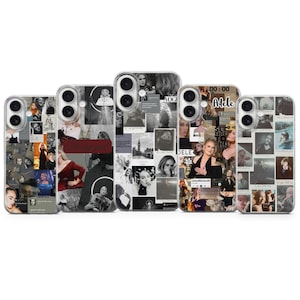 May include: A collection of five phone cases featuring a collage design. Each case showcases a variety of images, including portraits and text, in a black and white color scheme. The cases are designed to fit a smartphone.