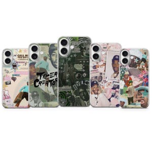 Puede incluir: Una colección de cinco fundas para teléfonos con un diseño de collage. Las fundas muestran varias imágenes, incluyendo retratos, texto y elementos gráficos. La paleta de colores incluye tonos de verde, rosa y blanco, creando una estética visualmente dinámica.