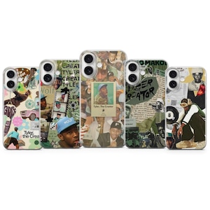 Puede incluir: Una colección de cinco fundas para teléfonos con diseños únicos. Cada funda presenta un collage de imágenes, incluyendo retratos, texto y gráficos. Las fundas muestran una variedad de colores y estilos, con el texto "Tyler, The Creator" visible en algunas.