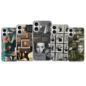 May include: A collection of five phone cases featuring various designs. The cases showcase a collage of images, including portraits and album art. The color palette is primarily black, white, and shades of green, creating a visually appealing aesthetic.