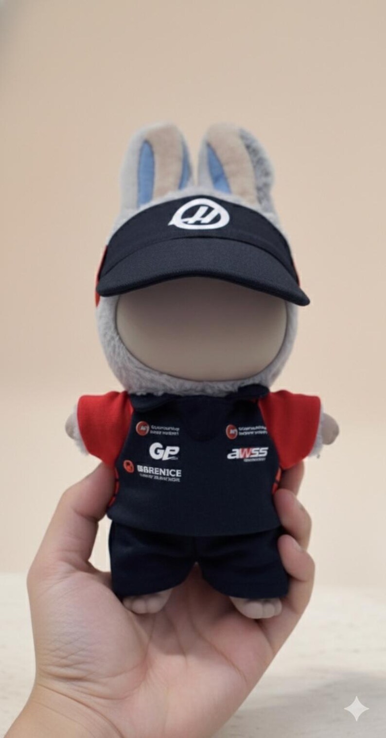 May include: A plush toy shaped like a rabbit wearing a black visor cap with a white logo and a navy blue racing uniform with red accents. The uniform has logos for "GP Barenice" and "awss". The toy has gray fur and blue inner ears.