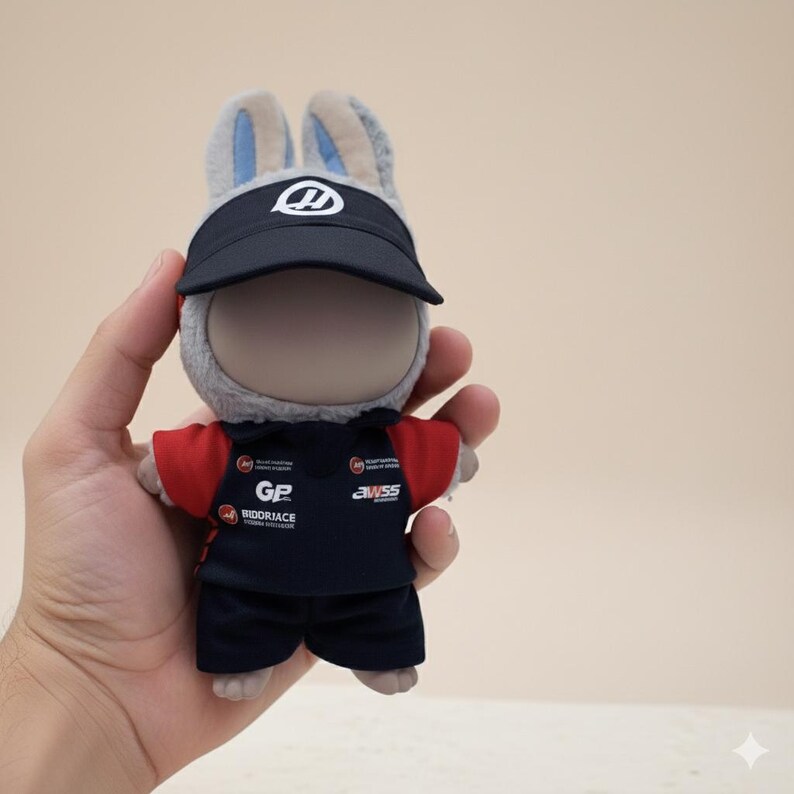 May include: A plush rabbit doll wearing a black visor and a navy blue and red uniform. The doll has gray fur with blue-lined ears and a blank face. The uniform has the text "GP BIDORRIACE" and "awss".