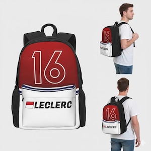 May include: A black backpack with a red upper section featuring the number 16 in white. The lower section is white with the name "LECLERC" and a red, white, and blue stripe design. The backpack has black straps and side pockets.