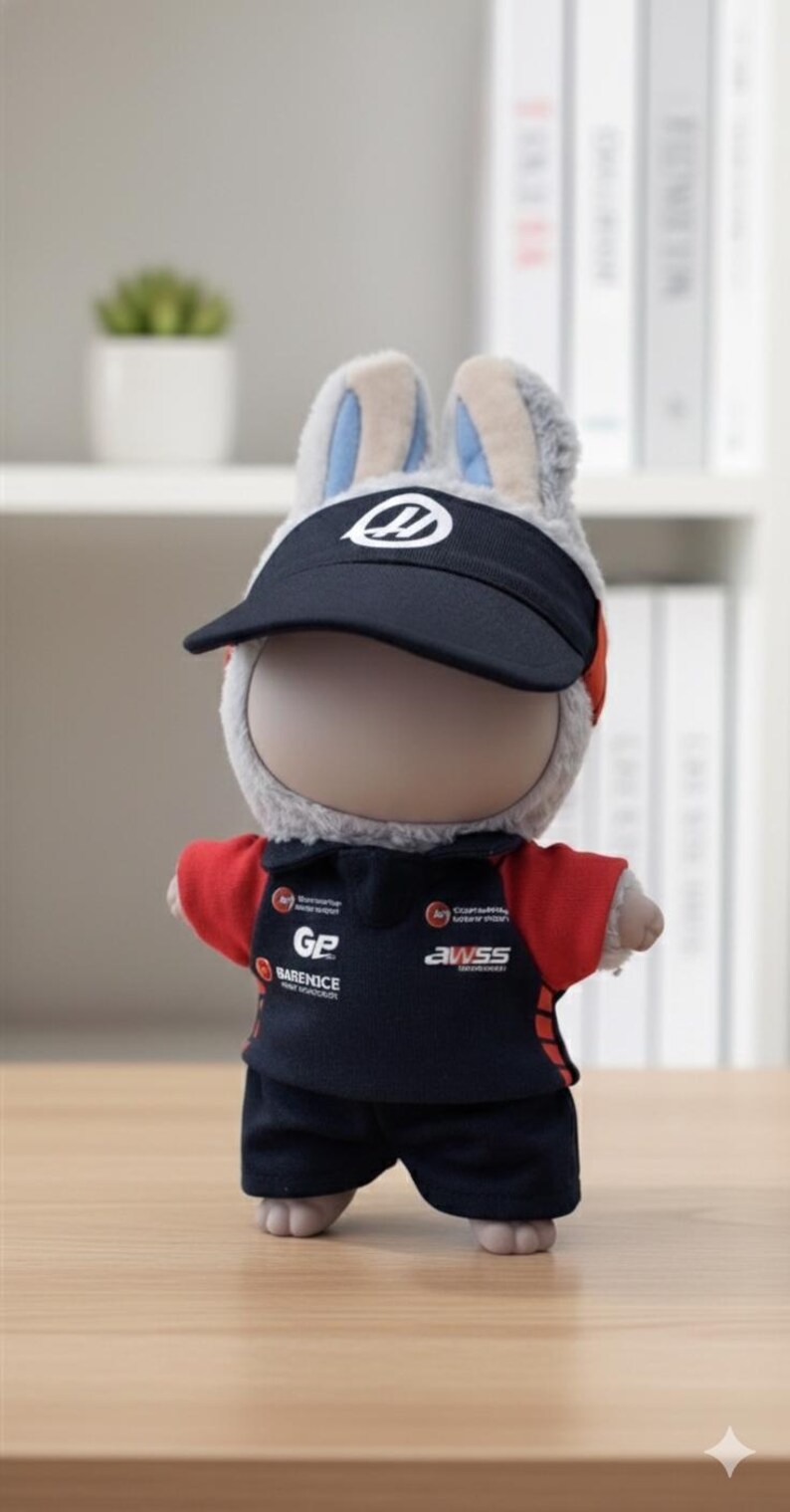 May include: A plush rabbit doll wearing a black visor with a white logo, a black and red uniform, and black shorts. The uniform has the text "GP BARENICE" and "AWSS". The doll is standing on a wooden surface.