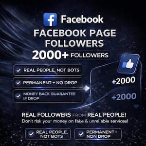 May include: A dark blue graphic promoting Facebook page followers. The image includes the Facebook logo, the text "FACEBOOK PAGE FOLLOWERS 2000+ FOLLOWERS", and checkmarks next to the phrases "REAL PEOPLE, NOT BOTS" and "PERMANENT + NO DROP".