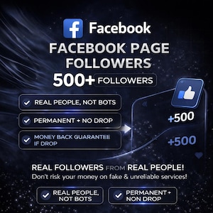 May include: A dark blue graphic advertising Facebook page followers. The image shows the Facebook logo, the text "FACEBOOK PAGE FOLLOWERS," and the number "500+ FOLLOWERS." Additional text includes "REAL PEOPLE, NOT BOTS" and "PERMANENT + NO DROP."