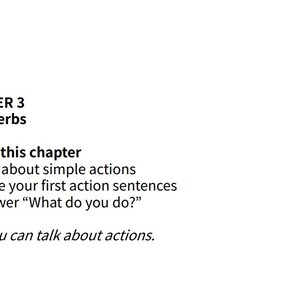 Puede incluir: Una diapositiva blanca con el t&iacute;tulo "SLIDE1 - TITLE" en la parte superior derecha. El contenido de la diapositiva incluye "CAP&Iacute;TULO 3 Verbos b&aacute;sicos" y los objetivos del cap&iacute;tulo: hablar de acciones simples, hacer oraciones de acci&oacute;n y responder "&iquest;Qu&eacute; haces?"