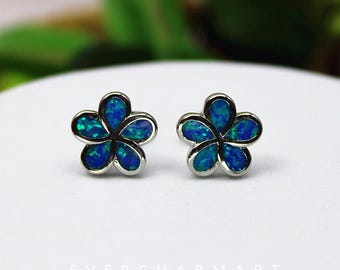 Frangipani Flower Stud Earrings, Opal Tropical Earrings, Vacation Style Jewelry, Whimsical Gift for Women & Girls