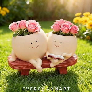 Cute Couple Bench Resin Planter Pot Creative Reading Smile Face Succulent Flower Pot Home Garden Decor Ornament Gift For Plant Lovers