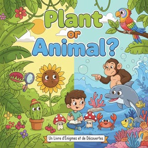 Peut inclure: Couverture de livre pour enfants colorée avec le titre "Plant or Animal ?" présentant des illustrations de plantes, d'animaux et d'un enfant. La couverture comprend un perroquet, un singe, un dauphin et diverses plantes. Le texte "Un Livre d'Énigmes et de Découvertes" est en bas.