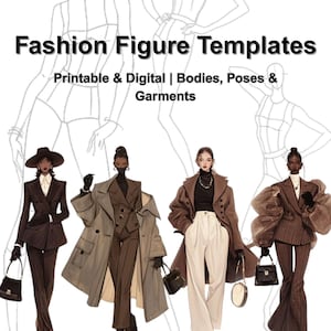 Puede incluir: Gráfico de "Fashion Figure Templates" con ilustraciones de figuras de moda en varias poses y atuendos. El texto dice "Printable & Digital | Bodies, Poses & Garments." Iconos de software de Photoshop, Illustrator y Procreate en la esquina superior derecha.