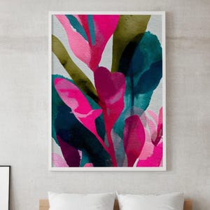 May include: Abstract art print featuring a vibrant watercolor design. The artwork showcases a composition of pink, teal, and olive green organic shapes against a neutral background. The print is framed in a white border, suitable for home decor.