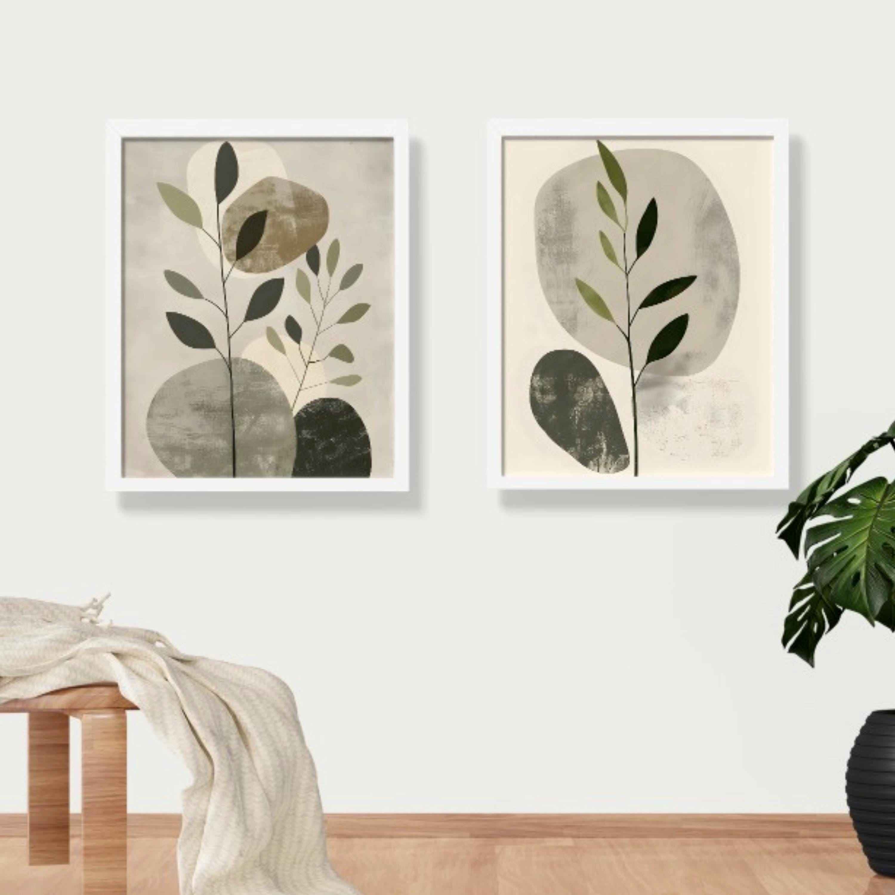 Sage Green Japandi Botanical Wall Art Set of 2, Abstract Leaf Prints ...