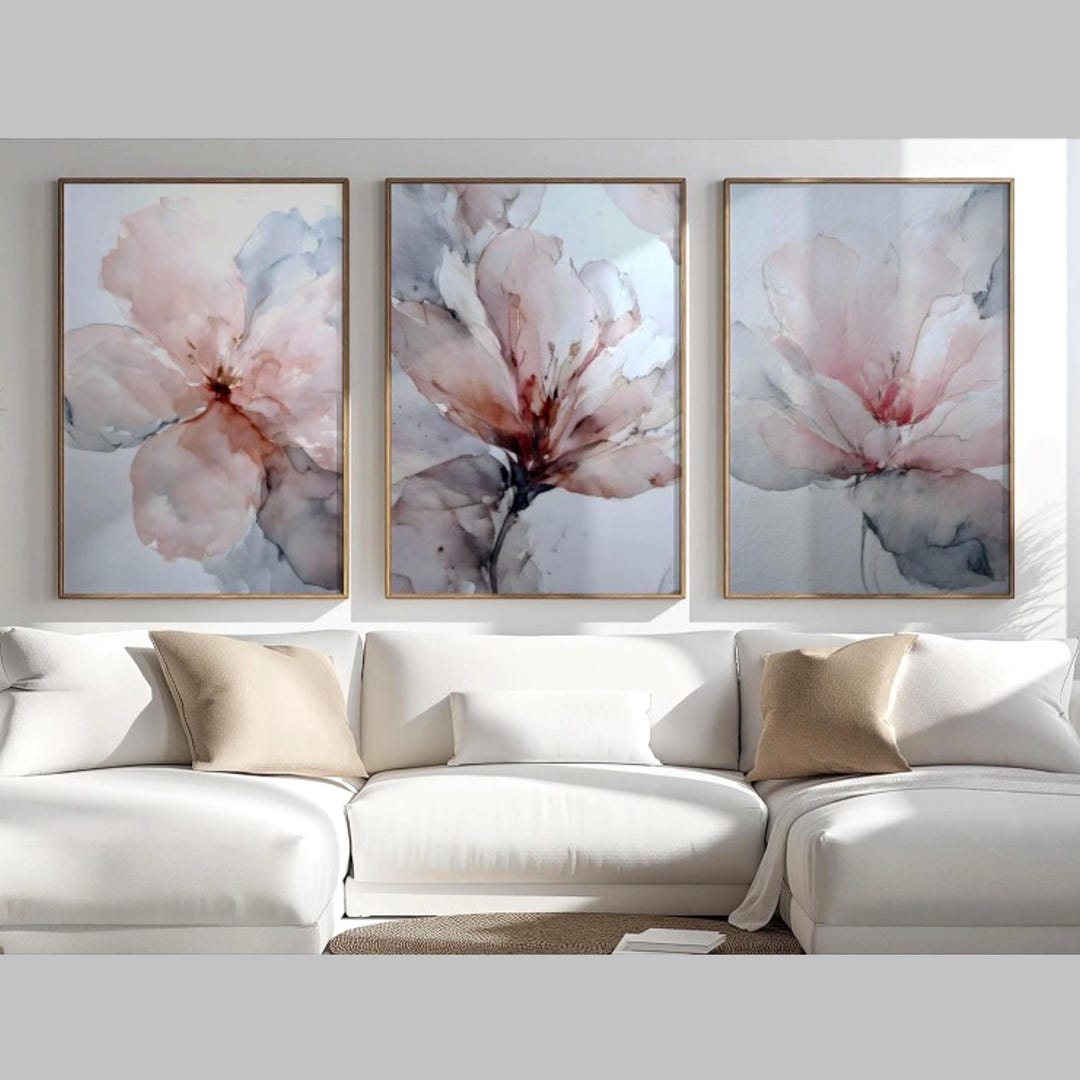 Blush Floral Wall Art Set of 3 Neutral Pink Grey Watercolor Flower ...