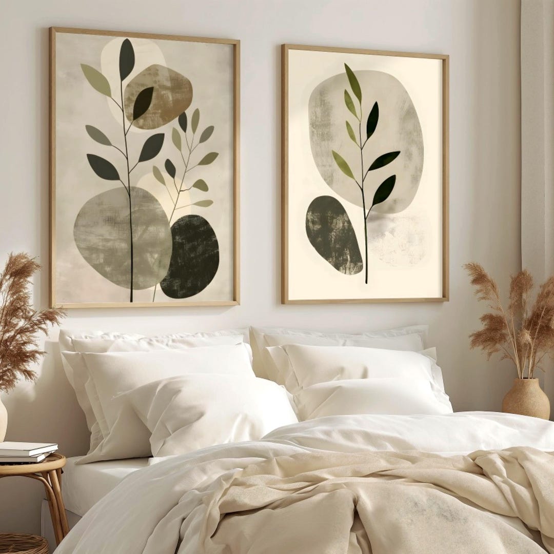 Sage Green Japandi Botanical Wall Art Set of 2, Abstract Leaf Prints ...
