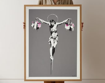 Banksy inspirierte Jesus Kreuzigung mit Einkaufstüten Leinwand, moderne Street Art Rebellion Leinwand, zeitgenössische Wanddekoration, Graffiti-Stil