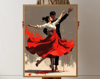 Leidenschaftlicher Flamenco-Tanz, Roter Rock Leinwand Wandkunst, Romantisches Paar Gemälde, Spanischer Tanz Illustration, Wohnkultur Leinwanddruck
