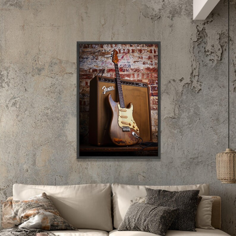 Lienzo con guitarra eléctrica Fender vintage y amplificador, arte mural de música retro, lámina de guitarra desgastada, decoración rock and roll, instrumento clásico imagen 6