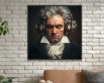 Lienzo decorativo con retrato de compositor clásico, tema musical moderno con auriculares, decoración de pared inspirada en Beethoven, impresión artística de figura histórica.