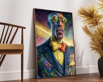 Buntes abstraktes Porträt Leinwand Wandkunst, surrealer Mann mit Fliege, modernes künstlerisches Wohnkultur, psychedelische Gesichtsmalerei Leinwand