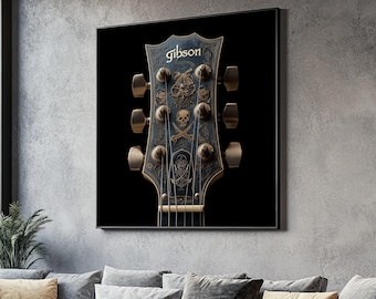 Lienzo con clavijero de guitarra Gibson con calavera y huesos cruzados, arte mural de música rock, decoración de instrumentos de estilo vintage, lienzo de temática oscura.