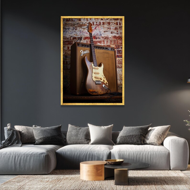 Lienzo con guitarra eléctrica Fender vintage y amplificador, arte mural de música retro, lámina de guitarra desgastada, decoración rock and roll, instrumento clásico imagen 4