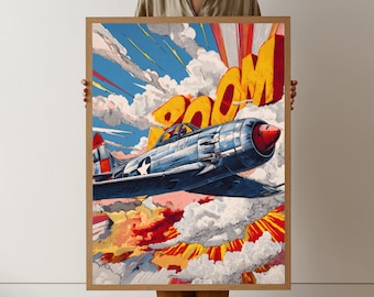 Vintage Kampfflugzeug Leinwand Wandkunst, Militärflugzeug Illustration, Comic Luftfahrt Leinwand, Retro Kampfjet Dekor, POW Explosion Kunst