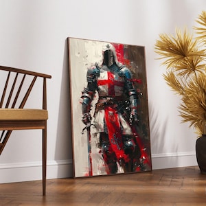 Medieval Knight Canvas Wall Art, Crusader Armor Painting, Historical Warrior Decor, Red Cross Templar Canvas, Armor and Sword Wall Art image 1