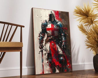 Arte mural en lienzo de caballero medieval, pintura de armadura de cruzado, decoración de guerrero histórico, lienzo templario de la Cruz Roja, arte mural de armadura y espada.